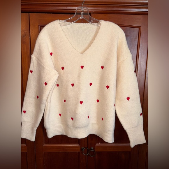 Sweaters - No tag Cream Sweater with Red Heart Accents #1655